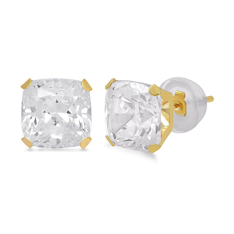 Jewelili Cubic Zirconia Stud Earrings with Cushion Cubic in 10K Yellow Gold