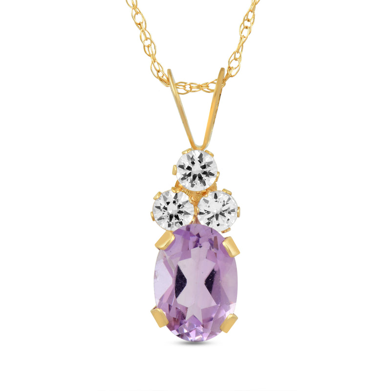 Jewelili 10K Yellow Gold with Oval Amethyst and Round Created White Sapphire Stud Earrings and Pendant Necklace, 18" Rope Chain Box Set