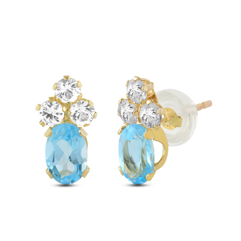 Jewelili 10K Yellow Gold with Oval Swiss Blue Topaz with Round Created White Sapphire Pendant Earrings Set