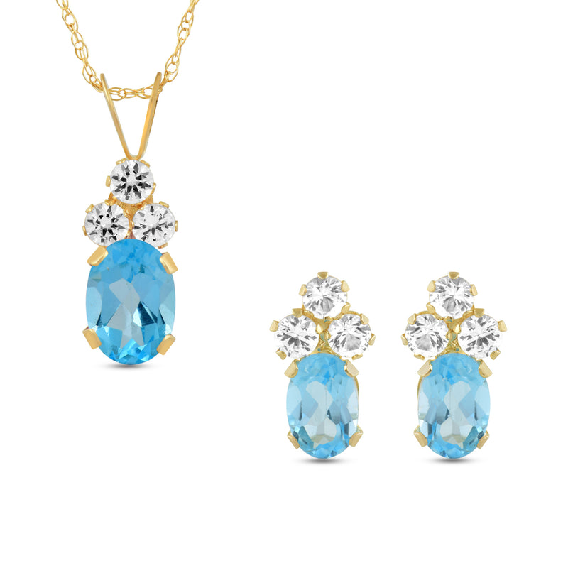 Jewelili 10K Yellow Gold with Oval Swiss Blue Topaz with Round Created White Sapphire Pendant Earrings Set