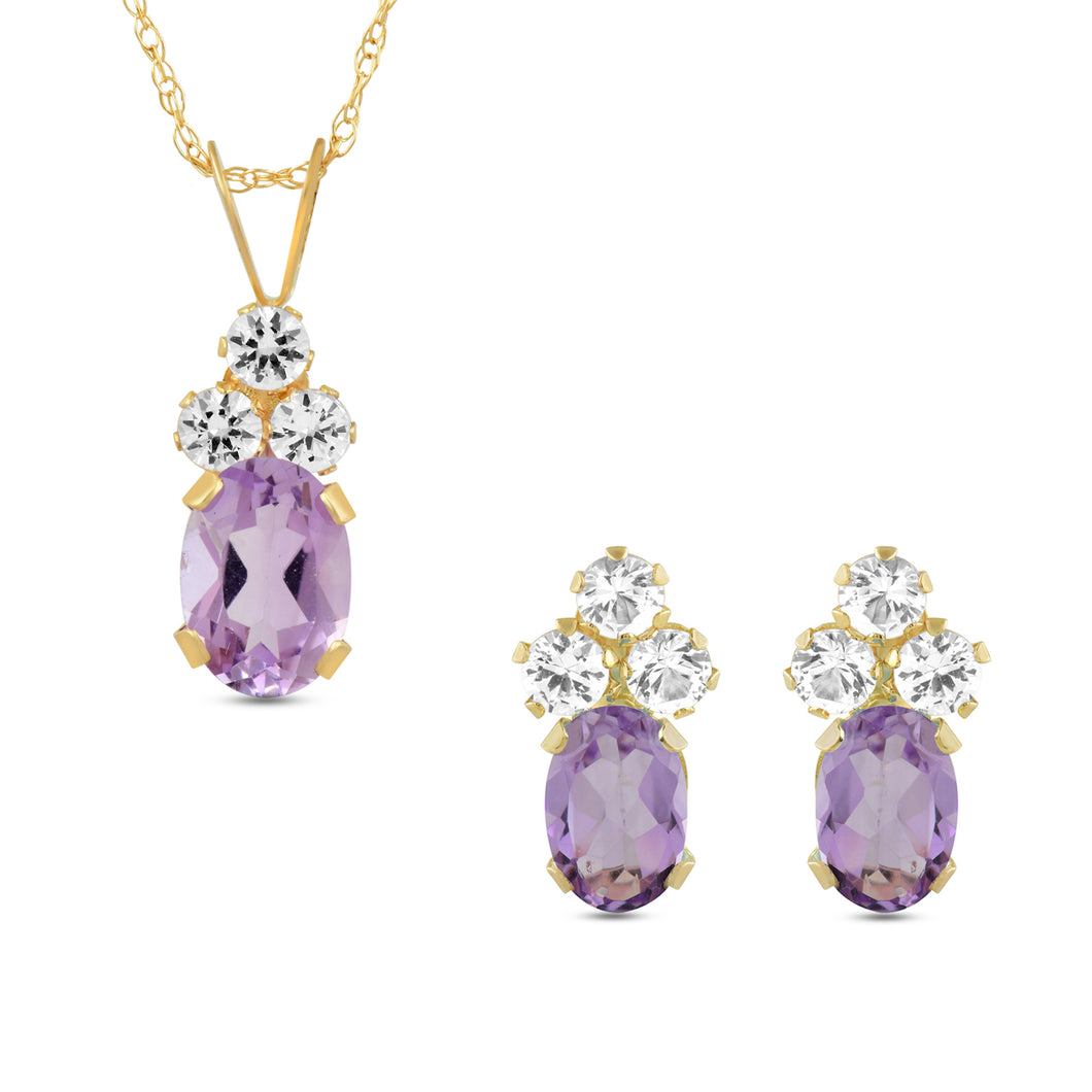 Jewelili 10K Yellow Gold with Oval Amethyst and Round Created White Sapphire Stud Earrings and Pendant Necklace, 18