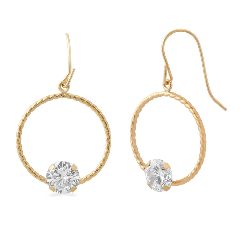 Jewelili 14K Yellow Gold with Round Shape Cubic Zirconia Drop Earrings