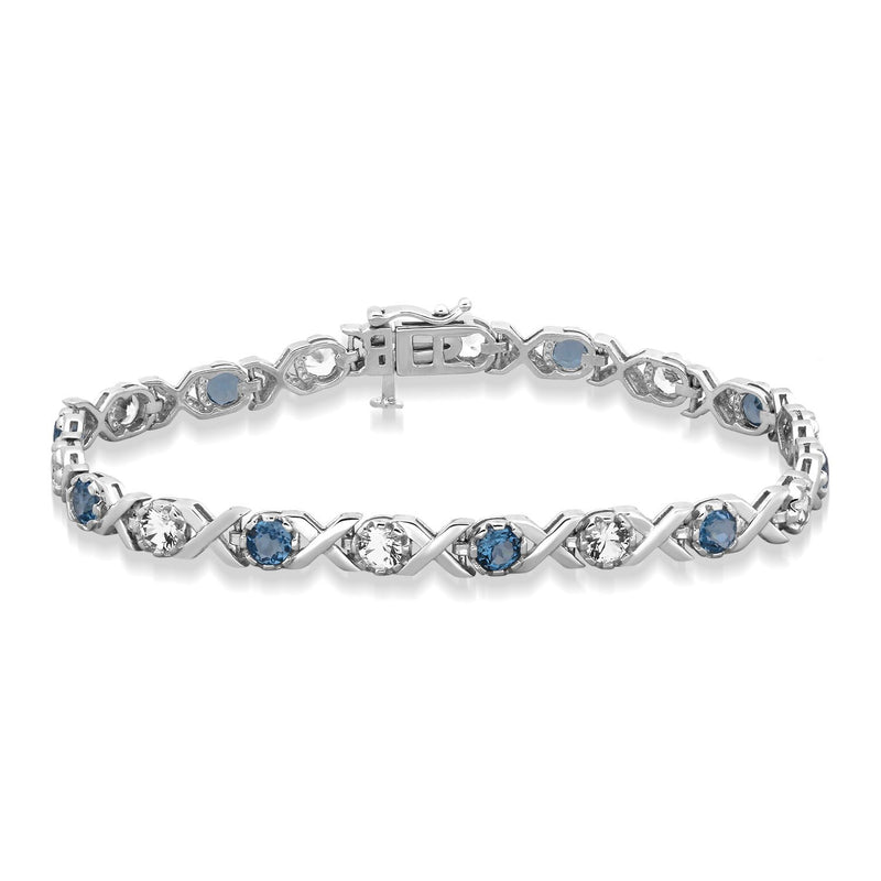 Jewelili Tennis Bracelet with Round Created Blue Sapphire and Round Created White Sapphire in Sterling Silver 4 MM 7.5"