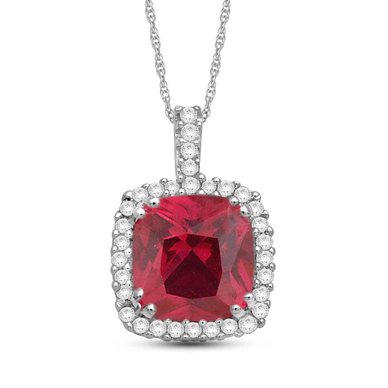 Jewelili 10K White Gold with Created Ruby and Diamonds Accent Halo Pendant Necklace