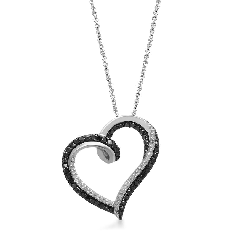 Jewelili Sterling Silver 1/3 CTTW Treated Black Diamonds and White Diamonds Tilted Heart Pendant Necklace