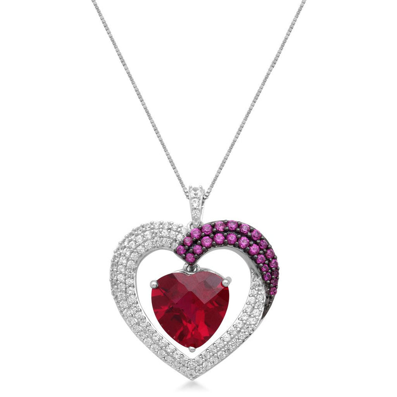 Jewelili Heart Pendant Necklace with Heart Shape Checkerboard and Round Shape Created Ruby and Created White Sapphire in Sterling Silver View 1