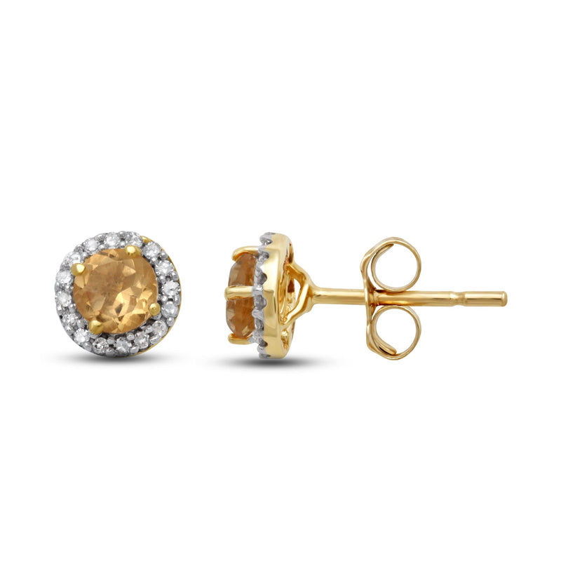 Jewelili Stud Earrings with Yellow Citrine and Natural White Diamonds in 10K Yellow Gold 1/10 CTTW 