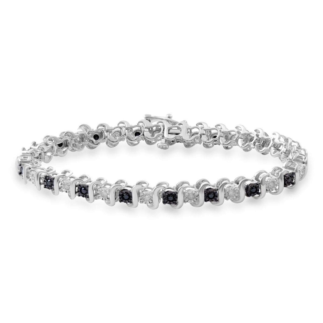 Jewelili Tennis Bracelet with Treated Black Diamonds and White Diamonds in Sterling Silver 1.00 CTTW 7.25
