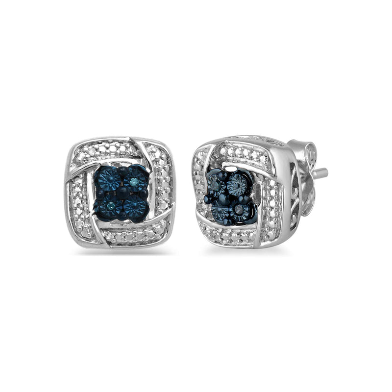 Jewelili Stud Earrings with Treated Blue Diamonds and White Natural Diamonds in Sterling Silver View 1