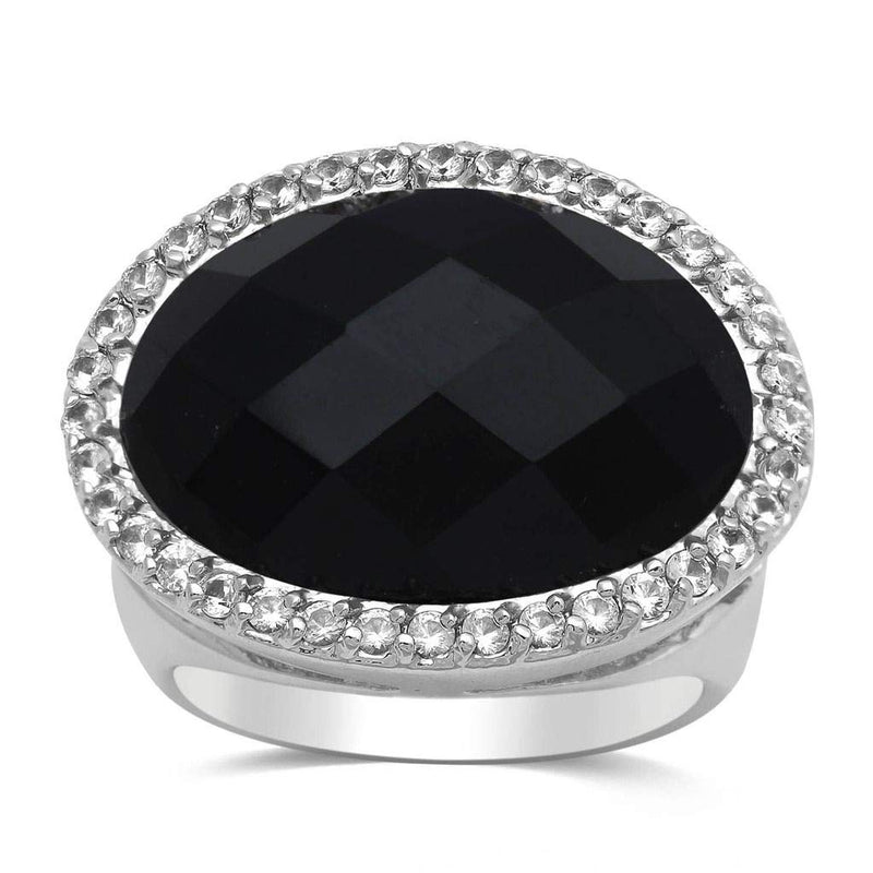 Jewelili Halo Ring with Oval Black Onyx and Created White Sapphire in Brass View 1