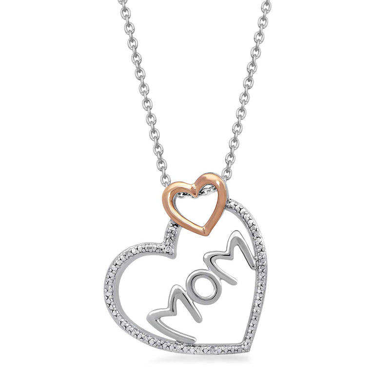 Jewelili 10K Rose Gold and Sterling Silver With Natural White Diamonds Heart Mom Pendant Necklace