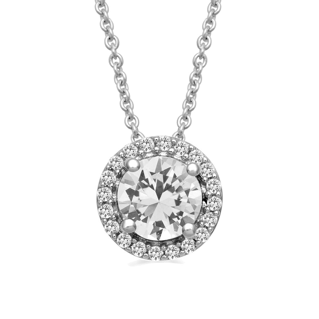 Jewelili Sterling Silver with Round Created White Sapphire Halo Pendant Necklace