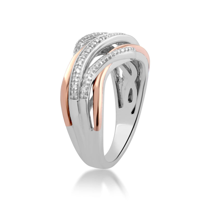 Jewelili 14K Rose Gold Over Sterling Silver 1/10 CTTW Natural White Diamonds Crossover Fashion Ring