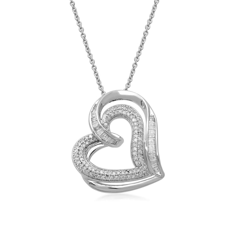 Jewelili Sterling Silver With  1/2 CTTW White Round and Baguette Diamonds Heart Pendant Necklace
