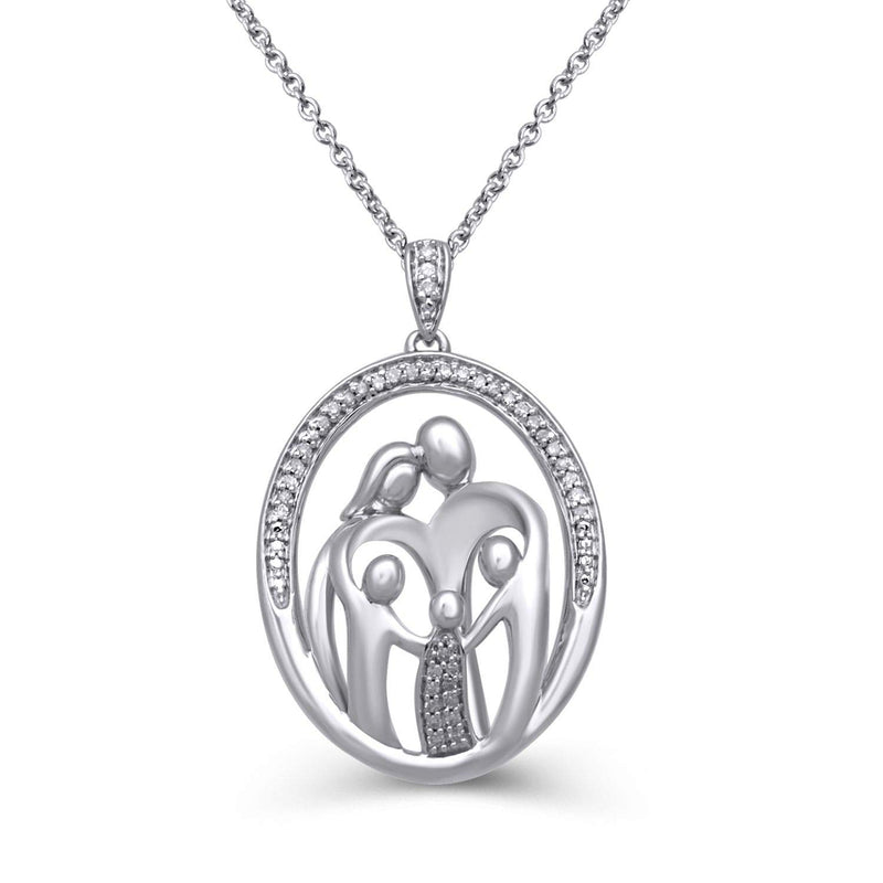 Jewelili Sterling Silver With  1/10 CTTW Natural White Round Diamonds Parent and Three Children Family Pendant Necklace