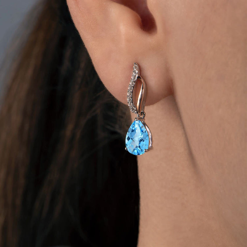 Jewelili Teardrop Drop Earrings with Swiss Blue Topaz and Created White Sapphire in Rose Gold over Sterling Silver View 2