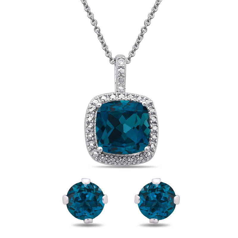 Jewelili Pendant Necklace with Stud Earrings Jewelry Set with London Blue Topaz and Natural White Round Diamonds in Sterling Silver View 1