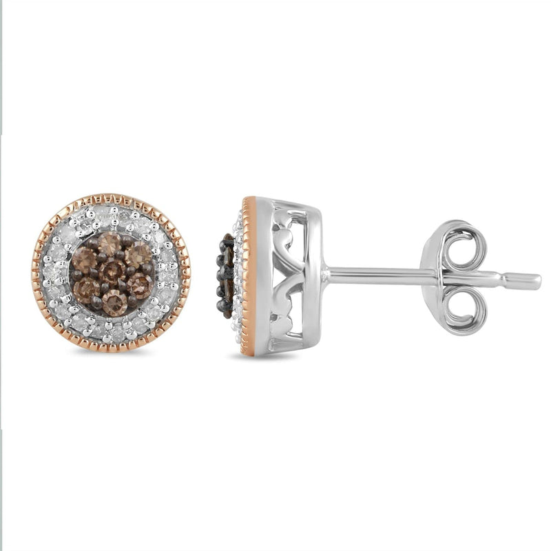 Jewelili Cluster Stud Earrings with Champagne and White Diamonds in 14K Rose Gold over Sterling Silver 1/4 CTTW View 5