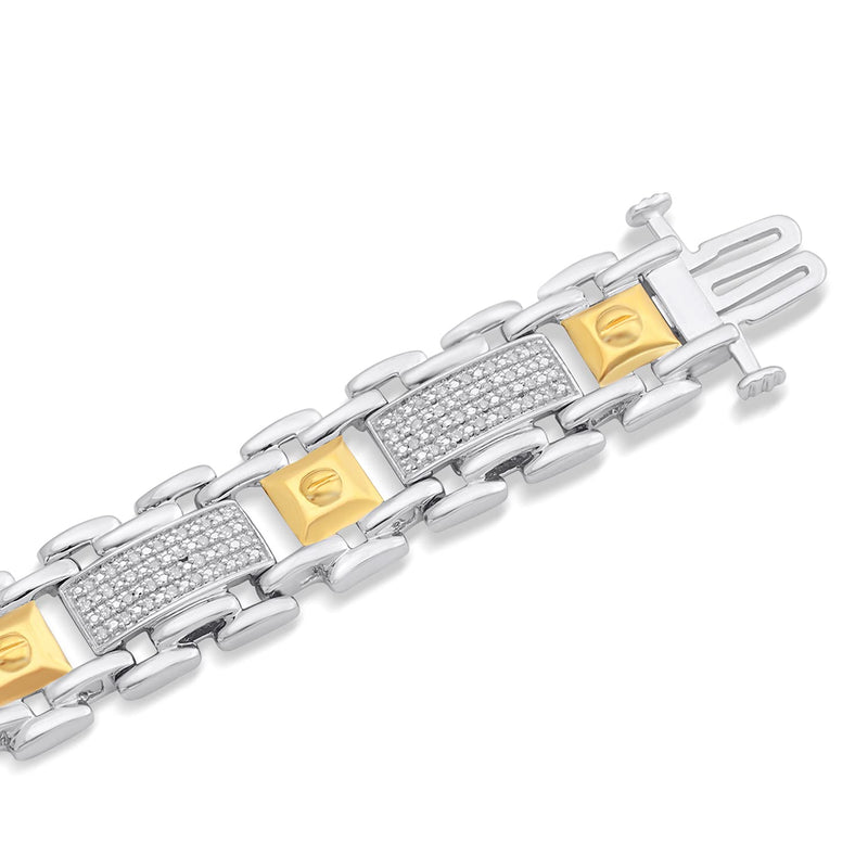 Jewelili Mens Link Bracelet with Natural White Round Diamonds in 14K Yellow Gold over Sterling Silver 1/2 CTTW 8.5" View 2