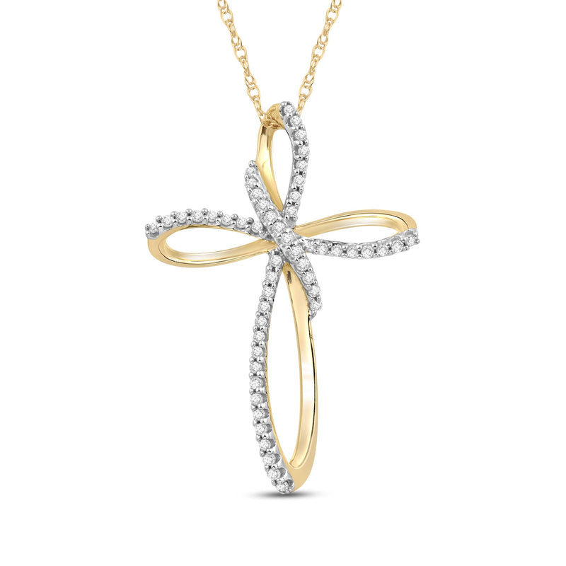 Jewelili 10K Yellow Gold With 1/5 CTTW Natural White Diamonds Cross Pendant Necklace
