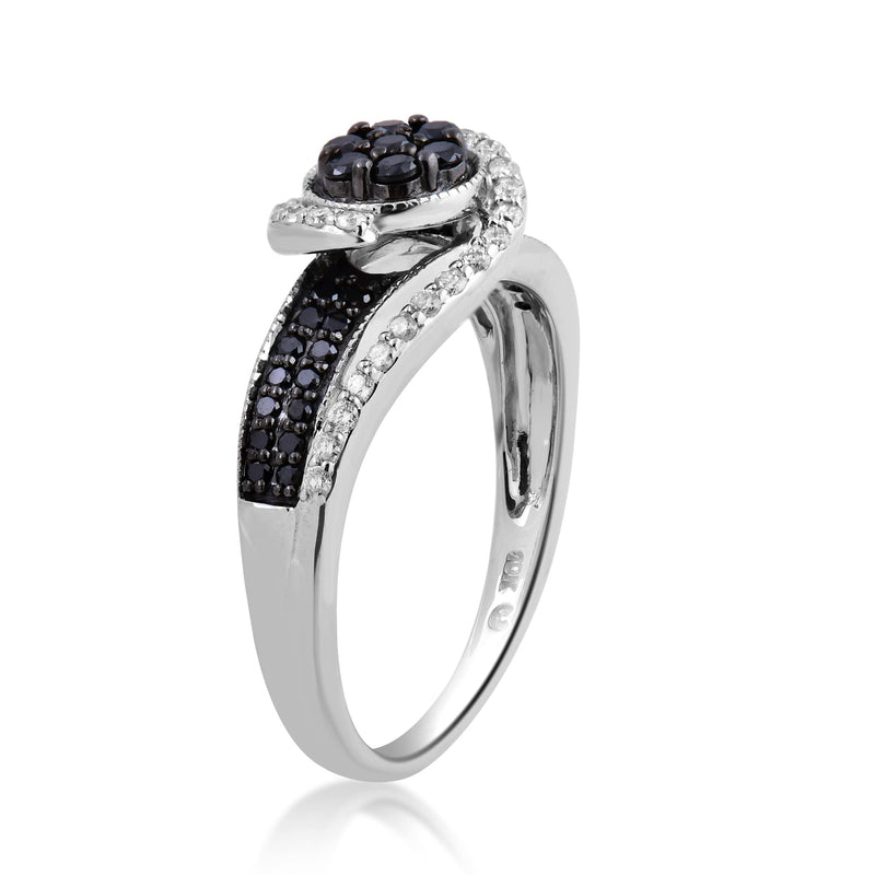 Jewelili 10K White Gold With 1/2 CTTW Treated Black Diamonds and Natural White Diamonds Swirl Engagement Ring