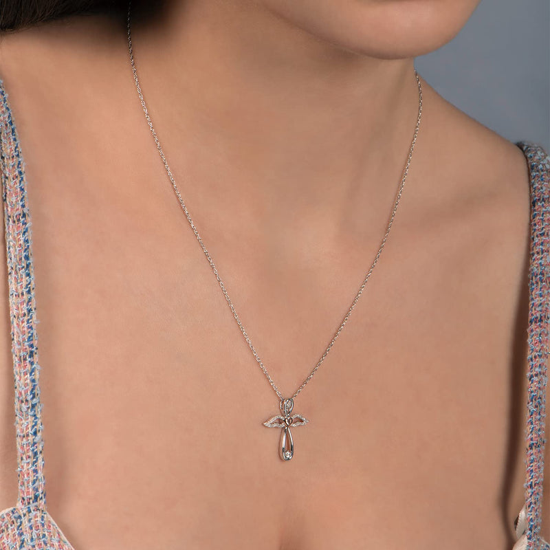 Jewelili Angel Wing Cross Pendant Necklace with Natural White Diamonds in 14K Rose Gold over Sterling Silver 1/10 CTTW View 4