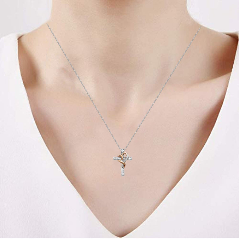 Jewelili 18K Rose Gold Over Sterling Silver With 1/4 CTTW Natural White Diamond Heart with Cross Pendant Necklace