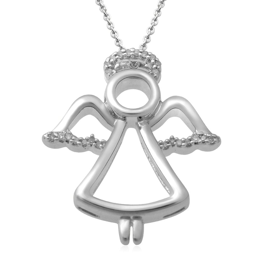 Jewelili Sterling Silver With Natural White Diamond Angel Pendant Necklace