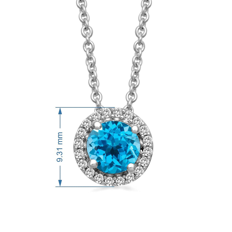 Jewelili Sterling Silver with Round Swiss Blue Topaz and Created White Sapphire Halo Pendant Necklace