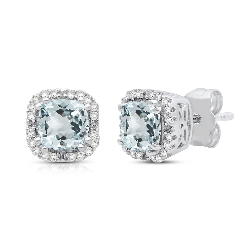 Jewelili Stud Earrings with Aquamarine and Natural White Round Diamonds in 10K White Gold 1/10 CTTW View 1
