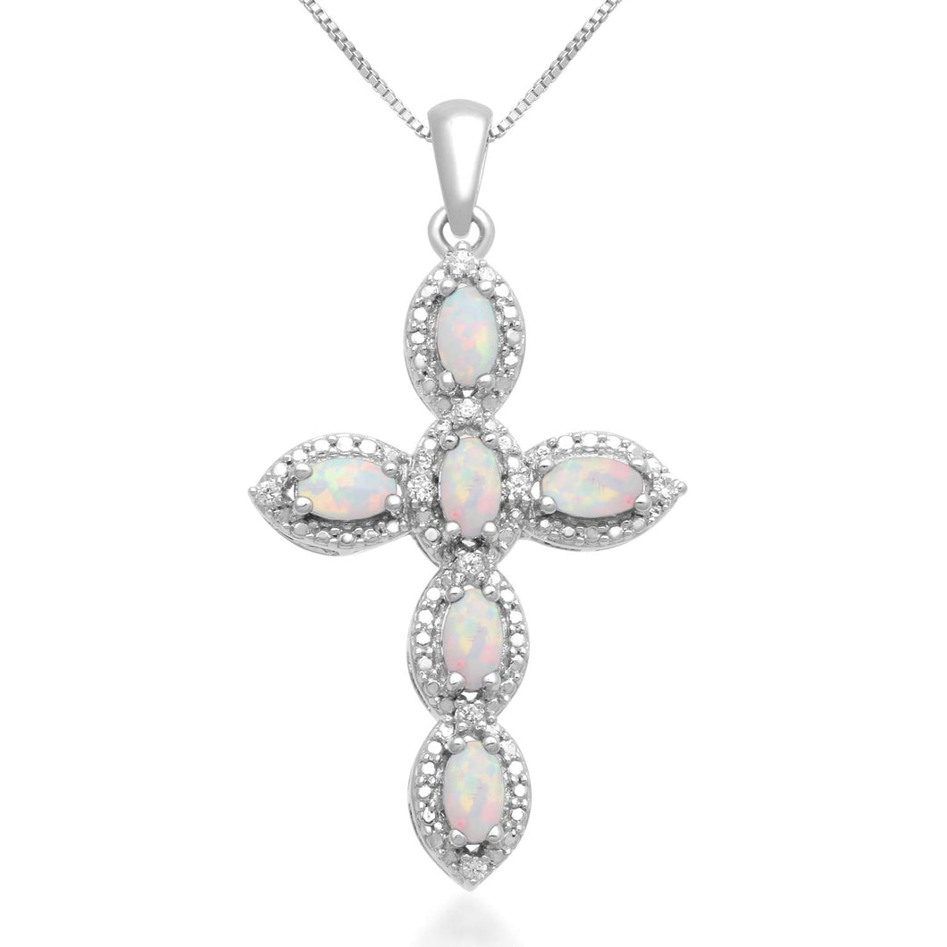 Jewelili Sterling Silver With Created Opal and Created White Sapphire Cross Pendant Necklace