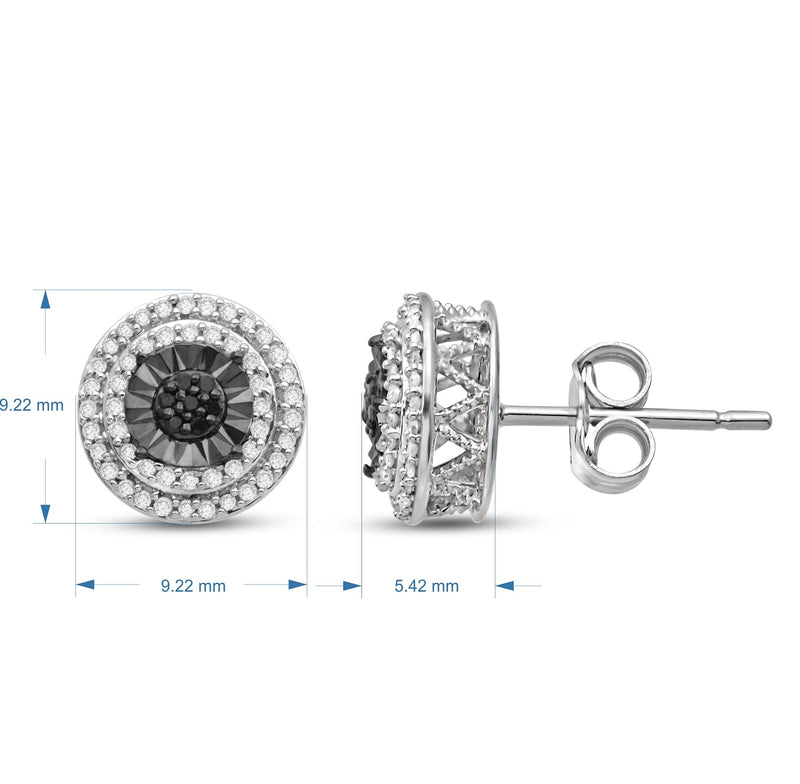 Jewelili Double Halo Stud Earrings with Round Treated Black Diamonds and White Diamonds in Sterling Silver 1/4 CTTW View 5