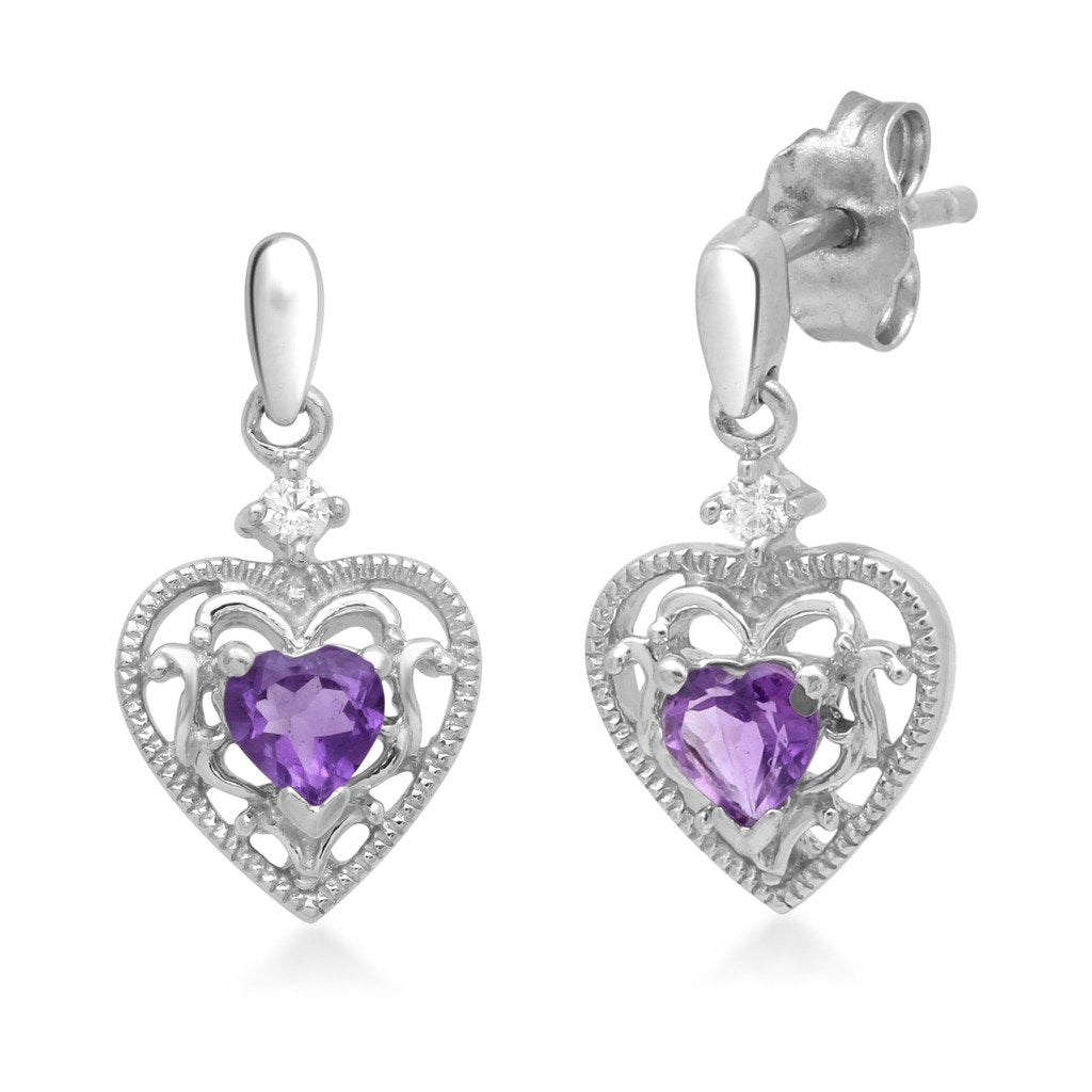 Jewelili Sterling Silver with Heart Amethyst and White Cubic Zirconia Filigree Dangle Earrings