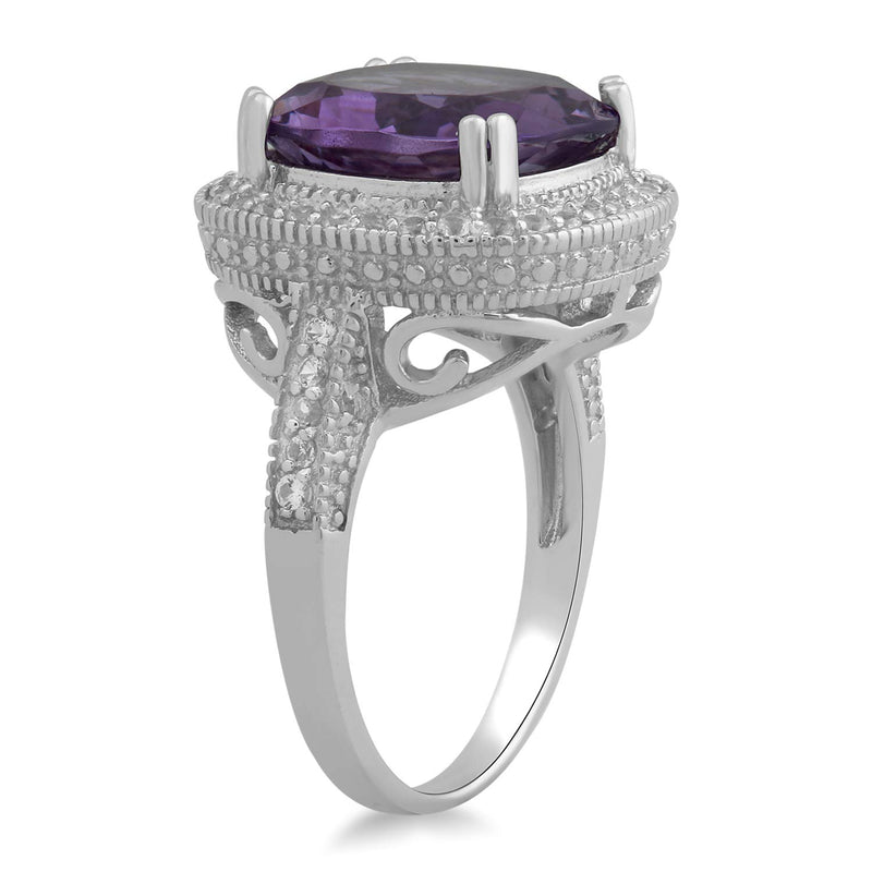 Jewelili Ring with Cushion Shape Amethyst and Round Created White Sapphire in Sterling Silver View 2