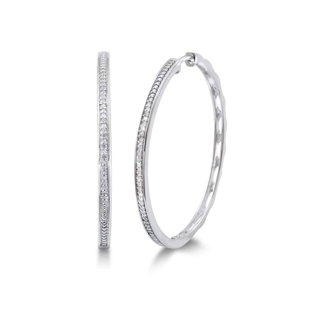 Jewelili Sterling Silver With 1/6 CTTW Natural White Diamond Hoop Earrings