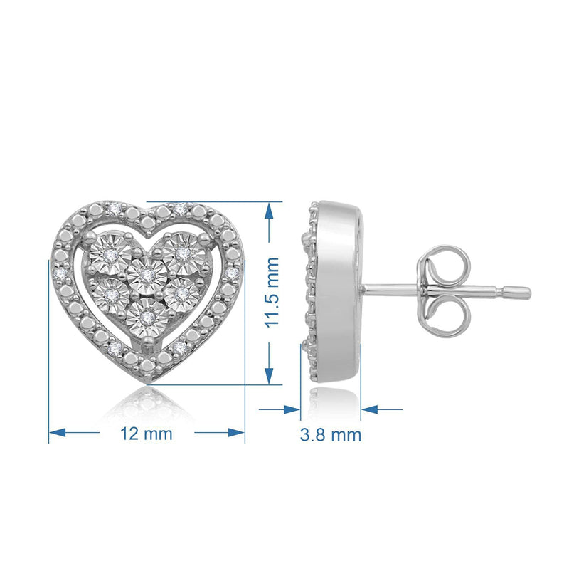 Jewelili Sterling Silver With 1/10 CTTW Natural White Diamond Heart Stud Earrings