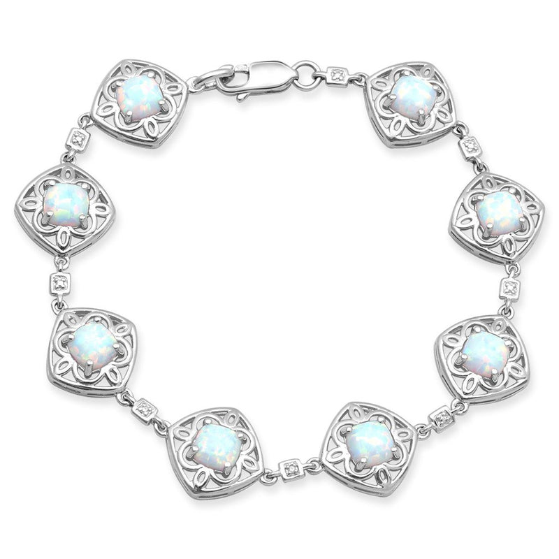 Jewelili Link Bracelet with Created Opal and Natural Diamonds in Sterling Silver View 1