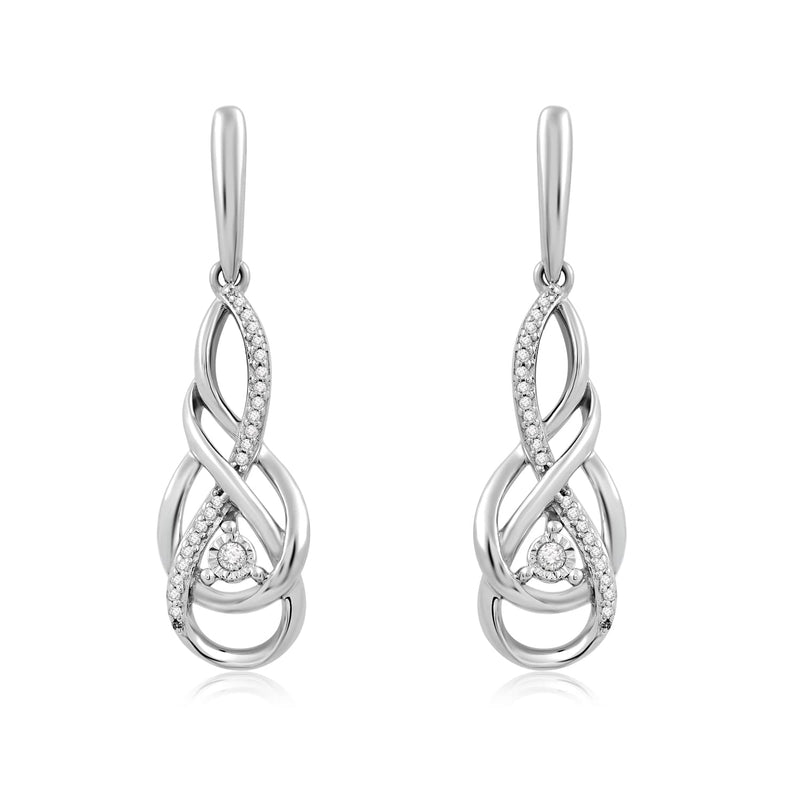 Jewelili Dangle Earrings with Natural White Round Diamonds in Sterling Silver 1/10 CTTW View 2