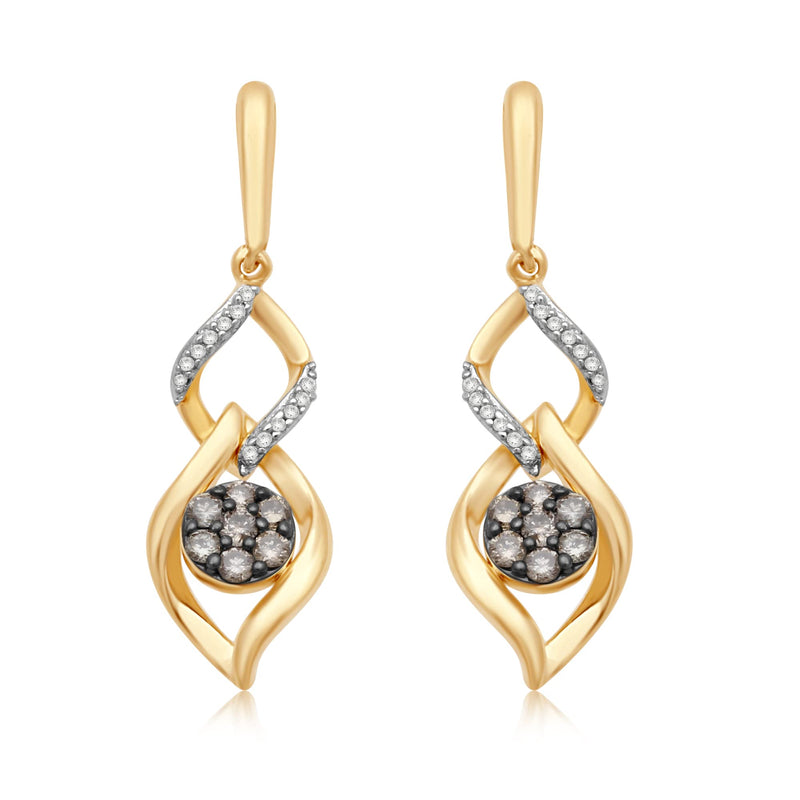 Jewelili Dangle Earrings with Champagne Diamonds and White Diamonds in 14K Yellow Gold over Sterling Silver 1/4 CTTW View 2