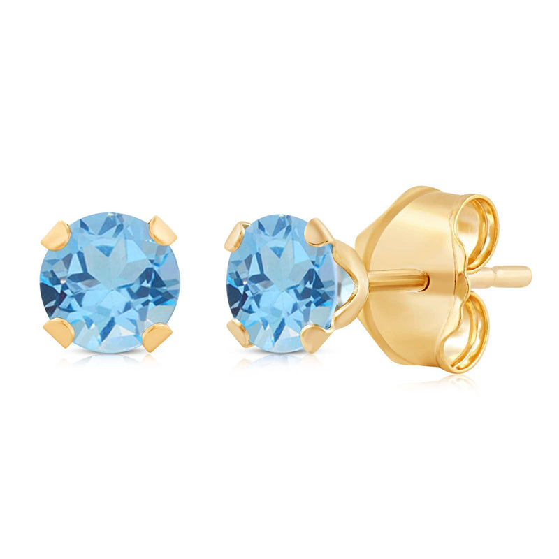 Jewelili Stud Earrings with Round Shape Swiss Blue Topaz in Yellow Gold