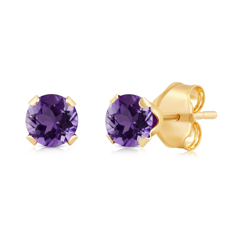 Jewelili Stud Earrings with Round Shape Amethyst in Yellow Gold view 3