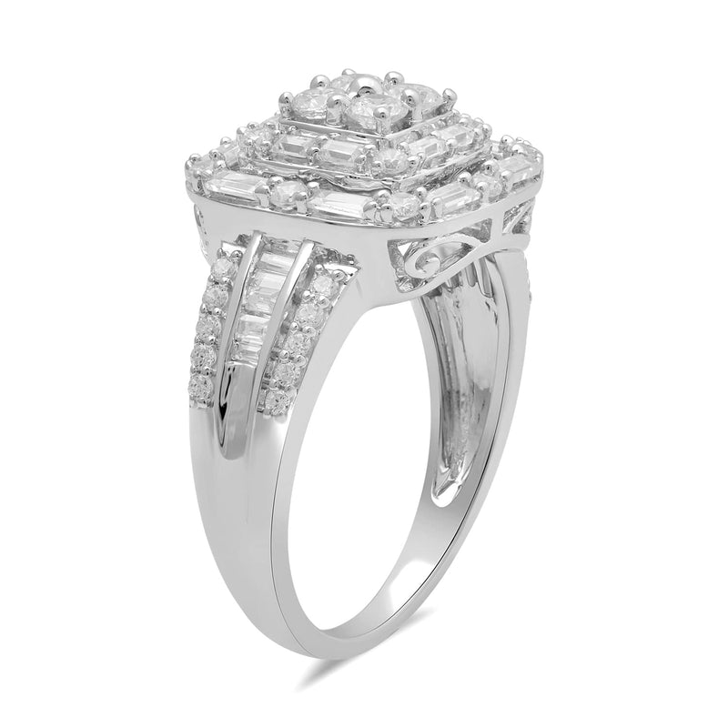 Jewelili 10K White Gold With 1.0 CTTW Baguette and Round Natural White Diamonds Ring