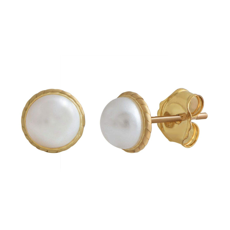 Jewelili Stud Earrings with Round Glass Pearl Cubic Zirconia in 10K Yellow Gold View 1