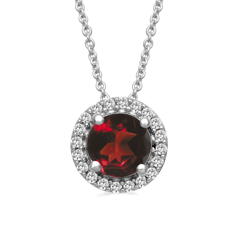 Jewelili Sterling Silver Checker Board Round Garnet and Round Created White Sapphire Pendant Necklace