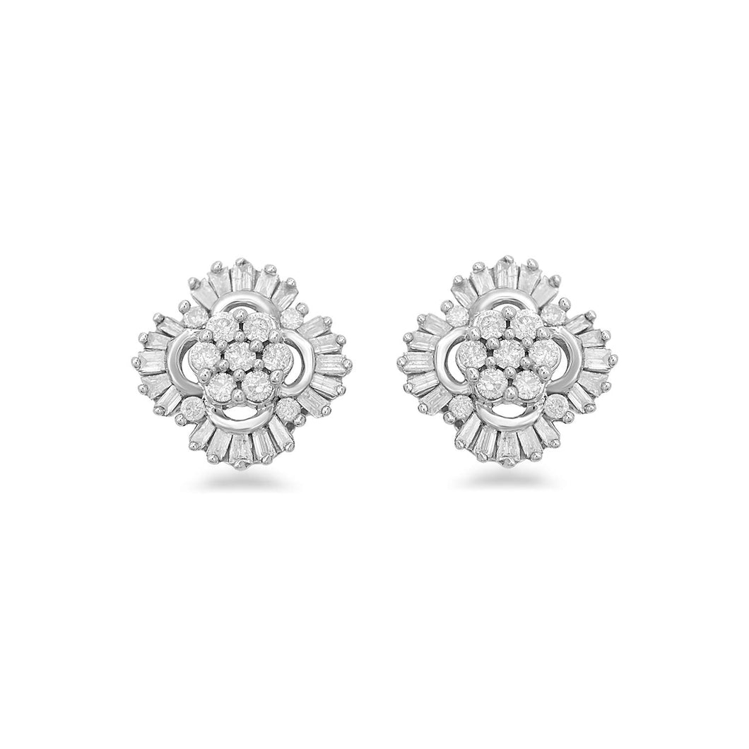 Jewelili Stud Earrings with Natural White Round and Baguette Diamonds in Sterling Silver 1/2 CTTW View 1