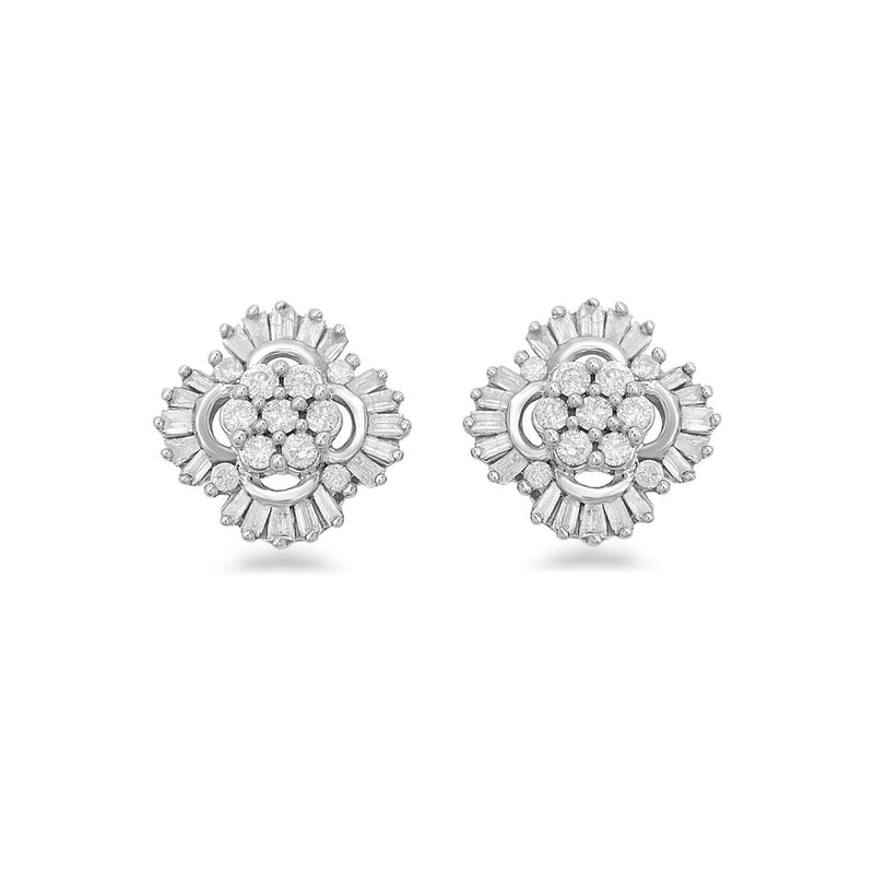 Jewelili Stud Earrings with Natural White Round and Baguette Diamonds in Sterling Silver 1/2 CTTW View 1