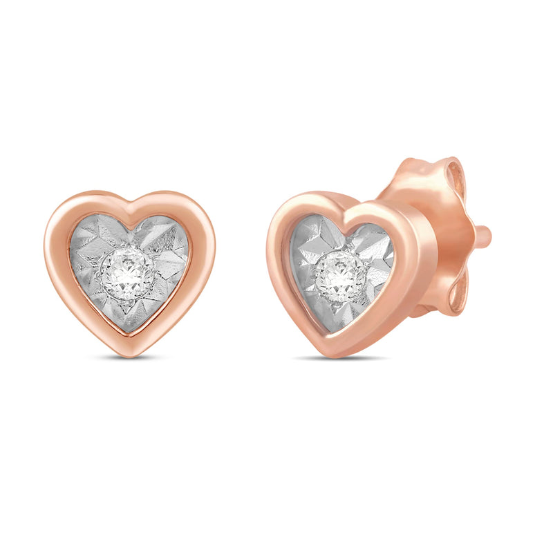 Jewelili Heart Stud Earrings with Natural White Round Shape Diamonds in 14K Rose Gold Over Sterling Silver