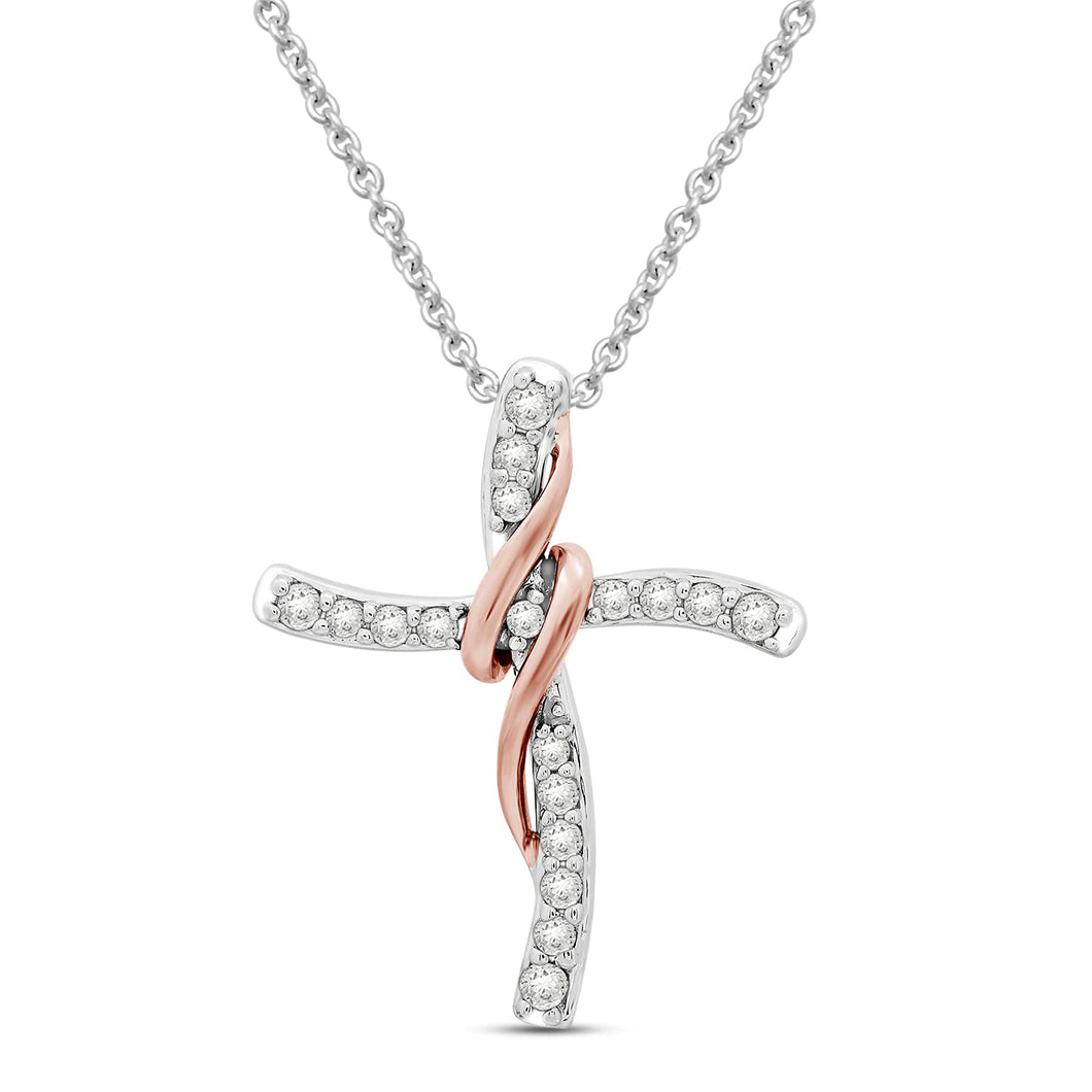 Jewelili Sterling Silver and 10K Rose Gold With 1/6 CTTW Natural White Round Diamonds Curved Cross Pendant Necklace