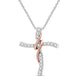 Load image into Gallery viewer, Jewelili Sterling Silver and 10K Rose Gold With 1/6 CTTW Natural White Round Diamonds Curved Cross Pendant Necklace

