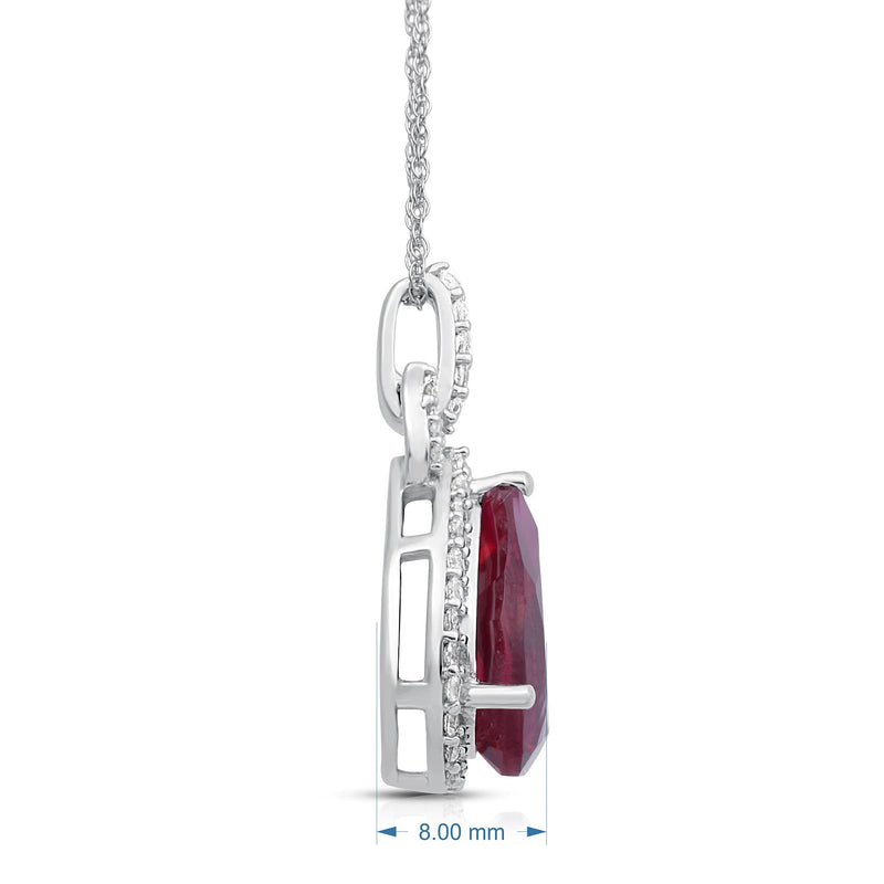 Jewelili 10K White Gold With Created Ruby and Created White Sapphire with Natural White Diamonds Teardrop Pendant Necklace